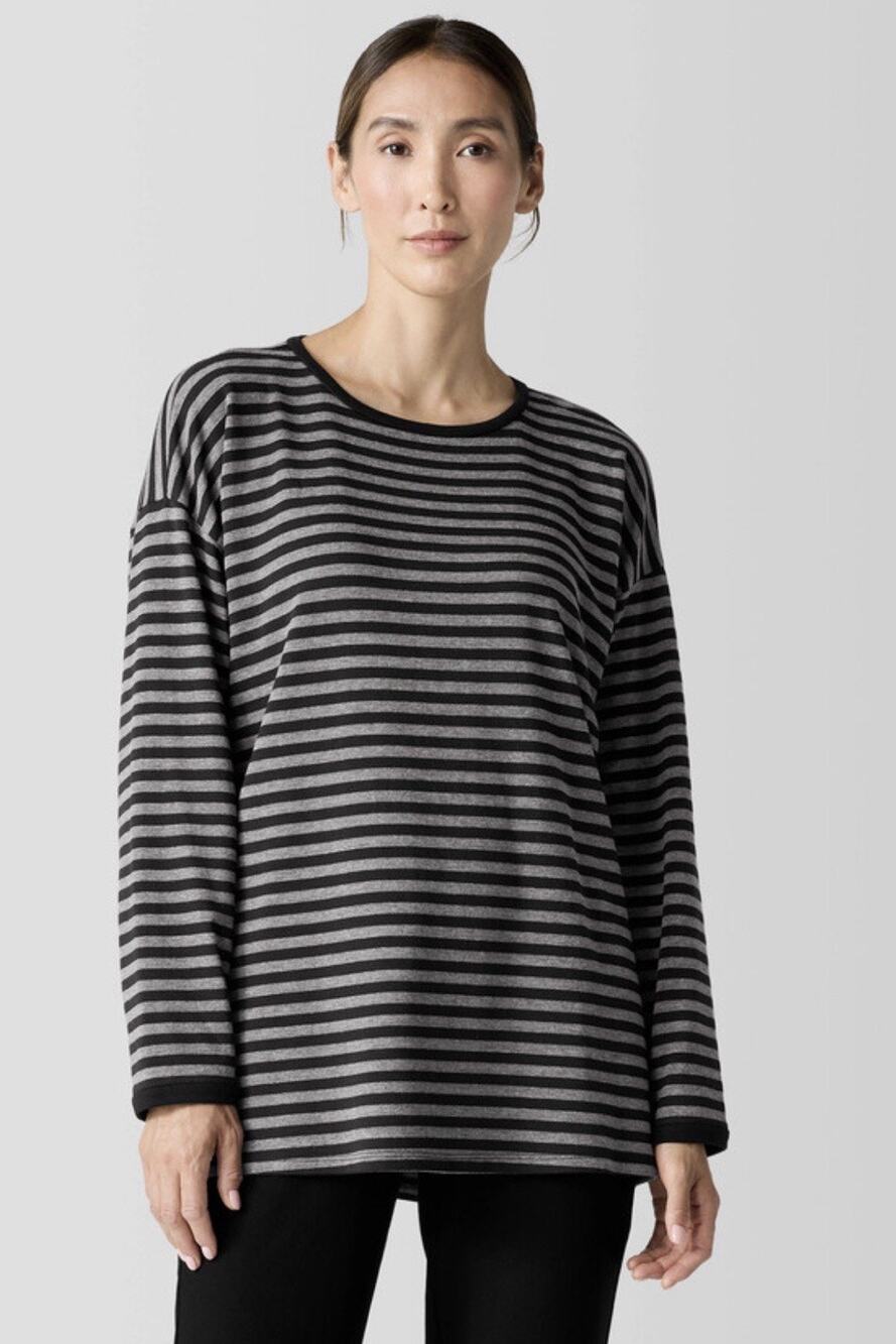 Eileen Fisher Large Striped black gray Sweater quiet luxury designer lagenlook